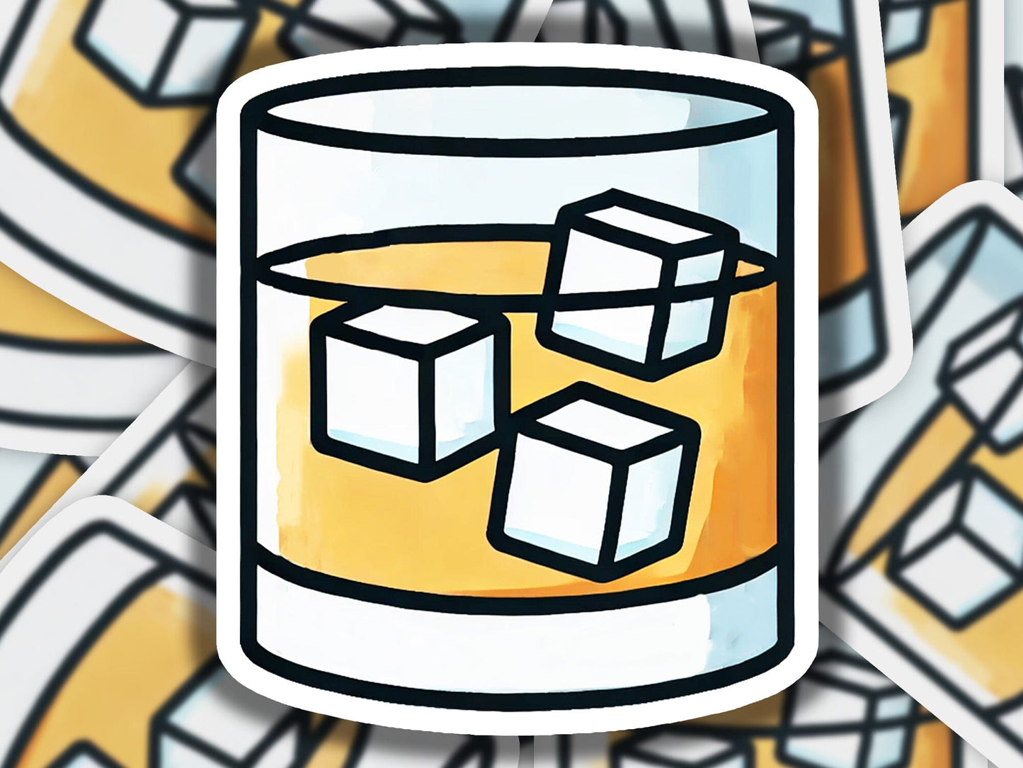 a sticker of a can of beer with ice cubes