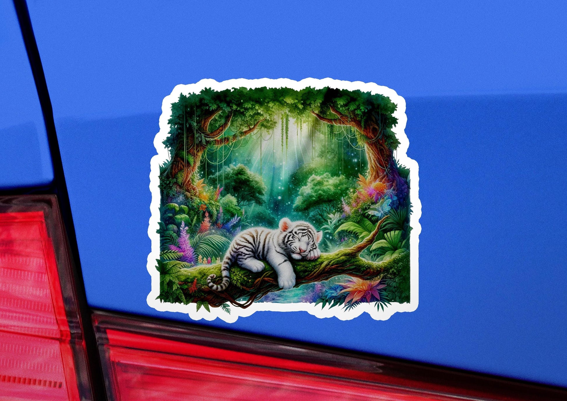 a sticker of a white tiger in the jungle
