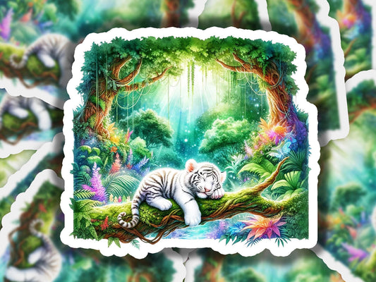 a picture of a white tiger laying on a tree branch