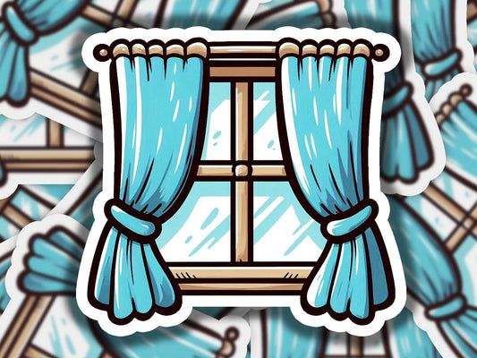 a sticker of a window with blue curtains