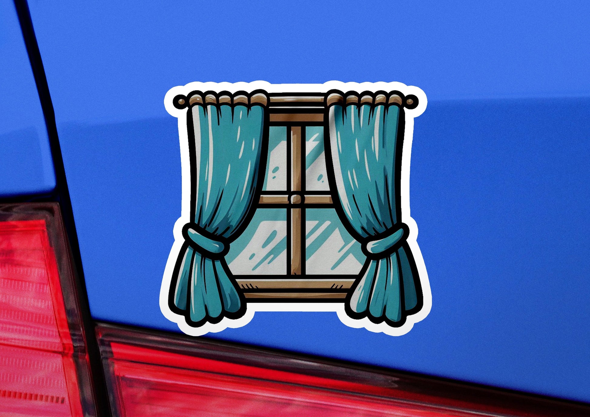 a sticker of a window with curtains on it