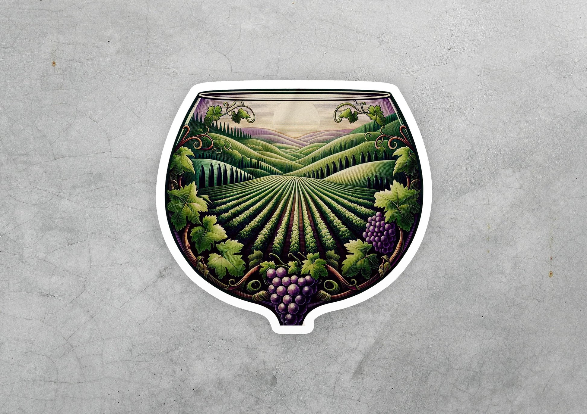 a sticker of a wine glass with a vineyard scene
