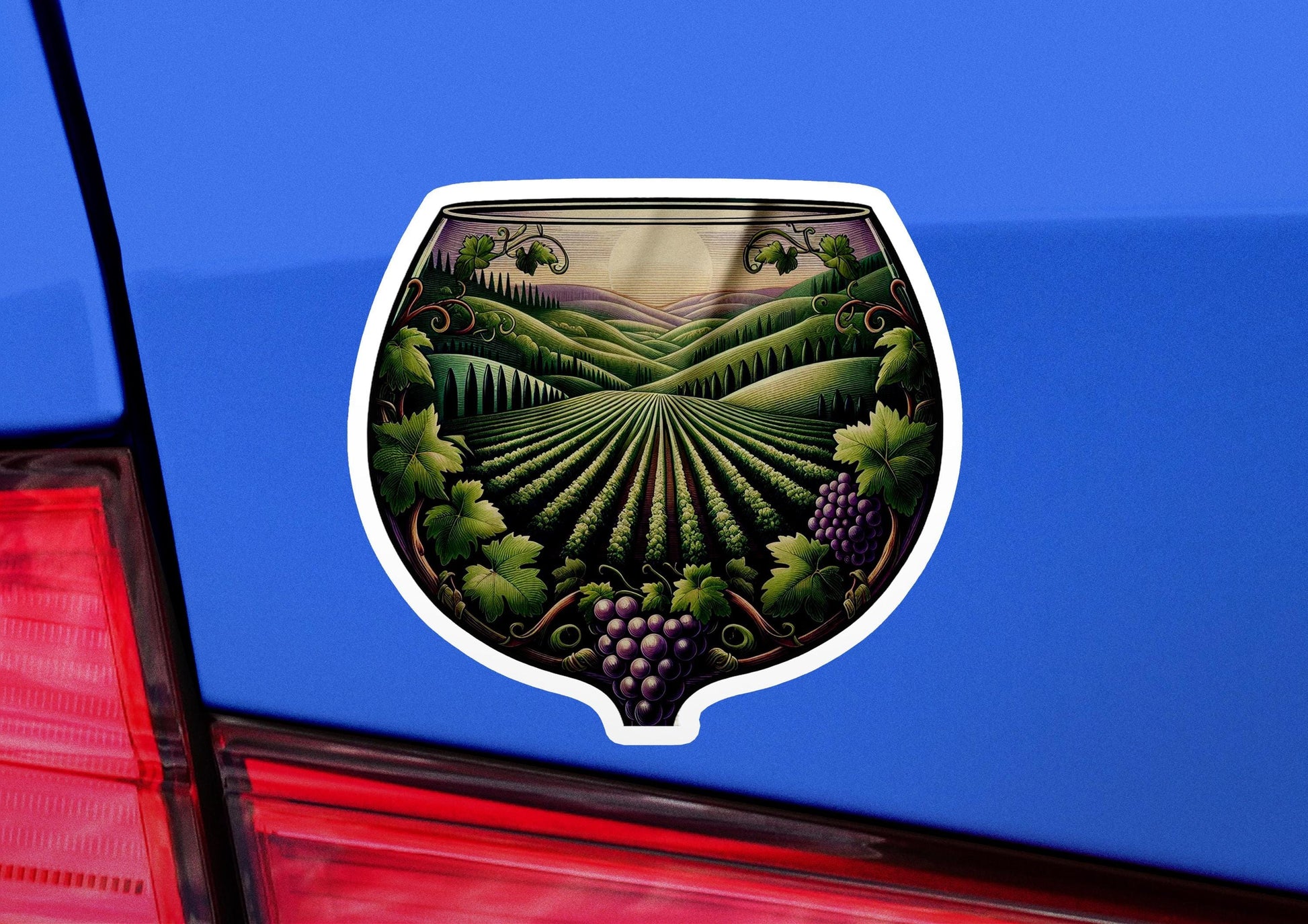 a car with a sticker of a vineyard