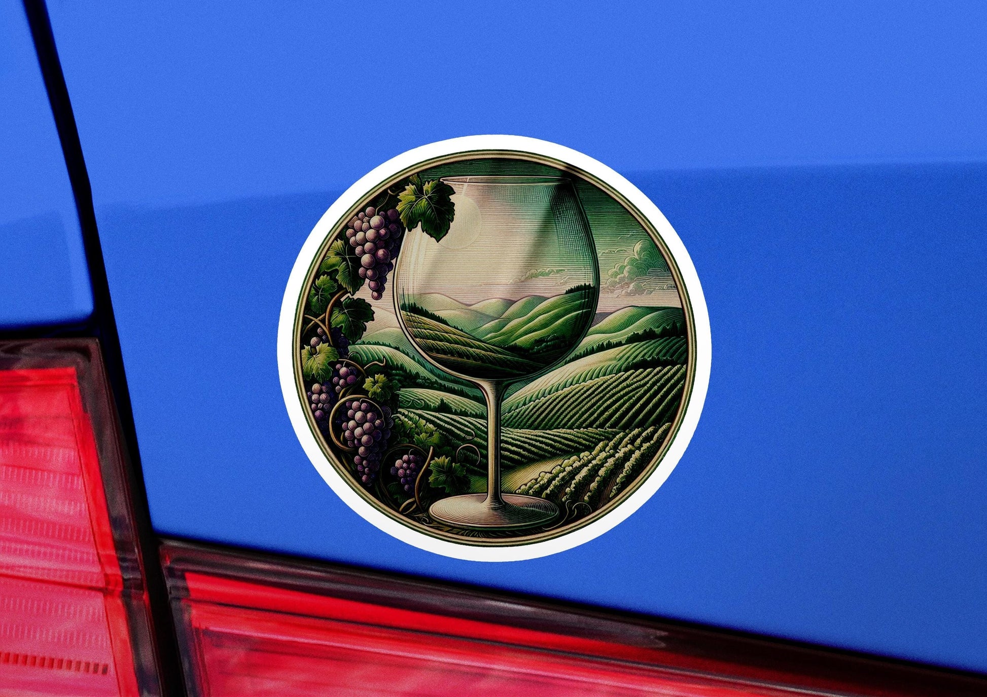 a picture of a wine glass on the back of a car