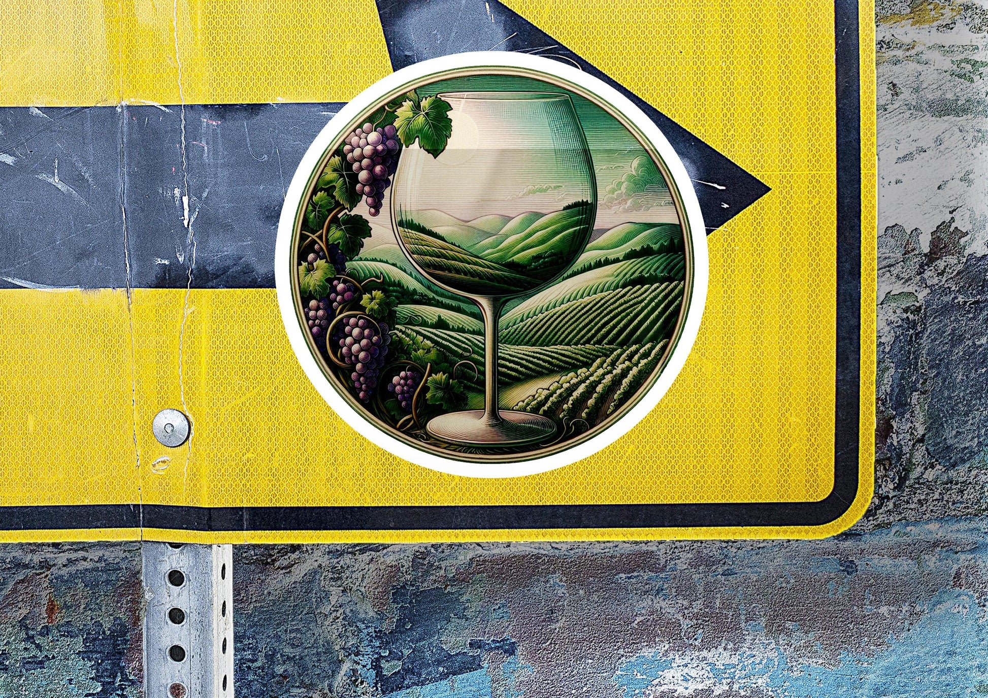 a yellow sign with a picture of a wine glass on it