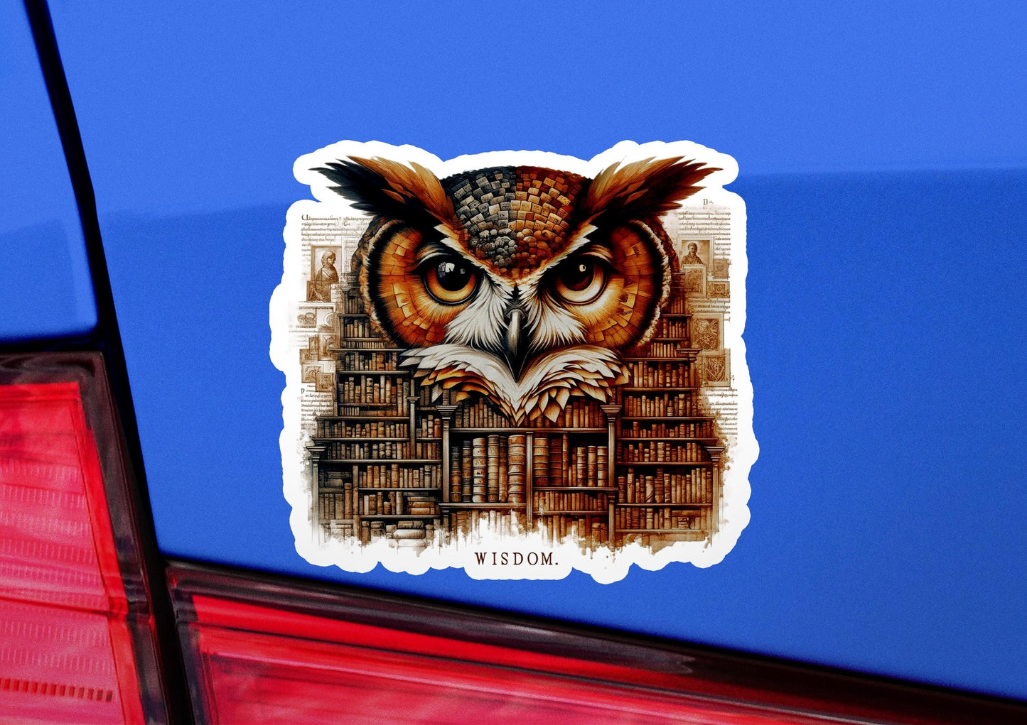 an owl sticker on the back of a car
