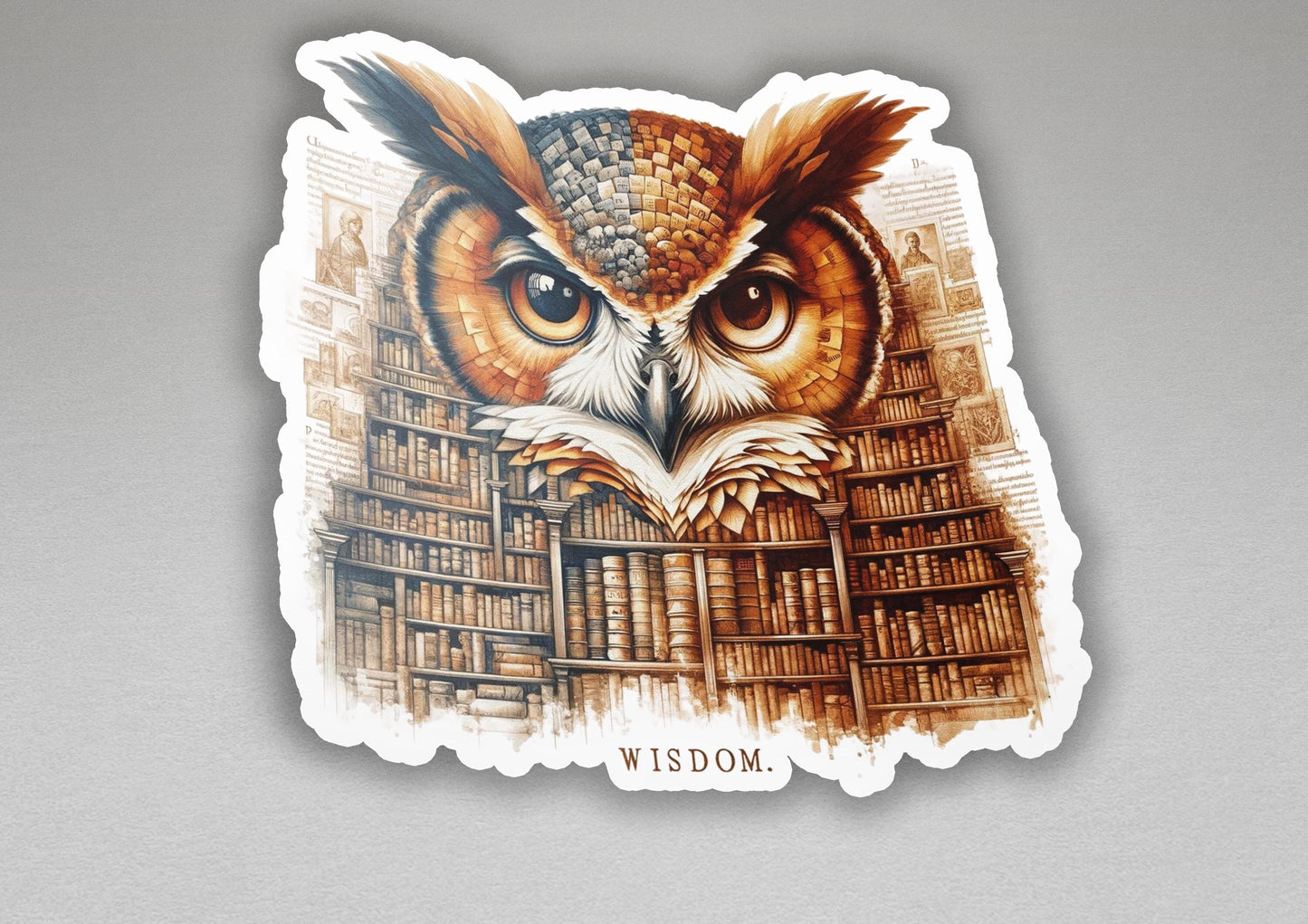 a sticker of an owl sitting on top of a pile of books