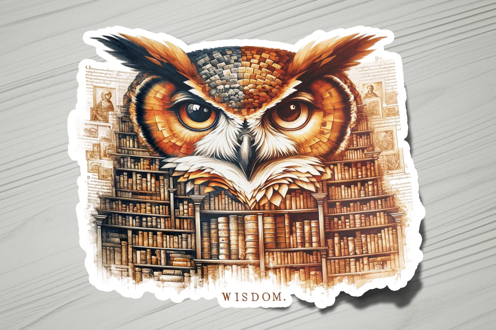 a sticker of an owl sitting on top of a pile of books