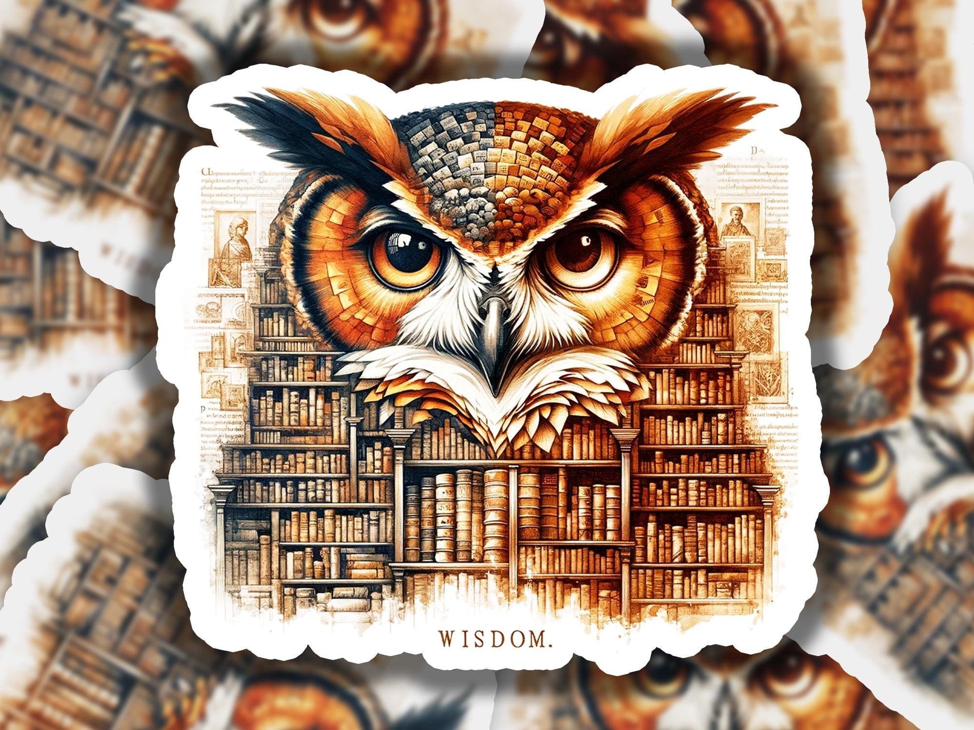 a picture of an owl with a bookcase in the background
