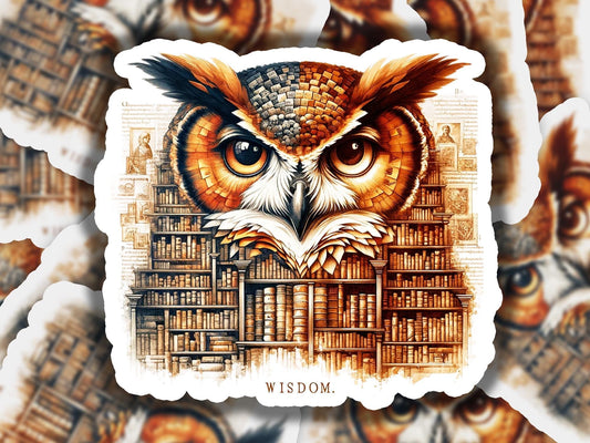 a picture of an owl with a bookcase in the background