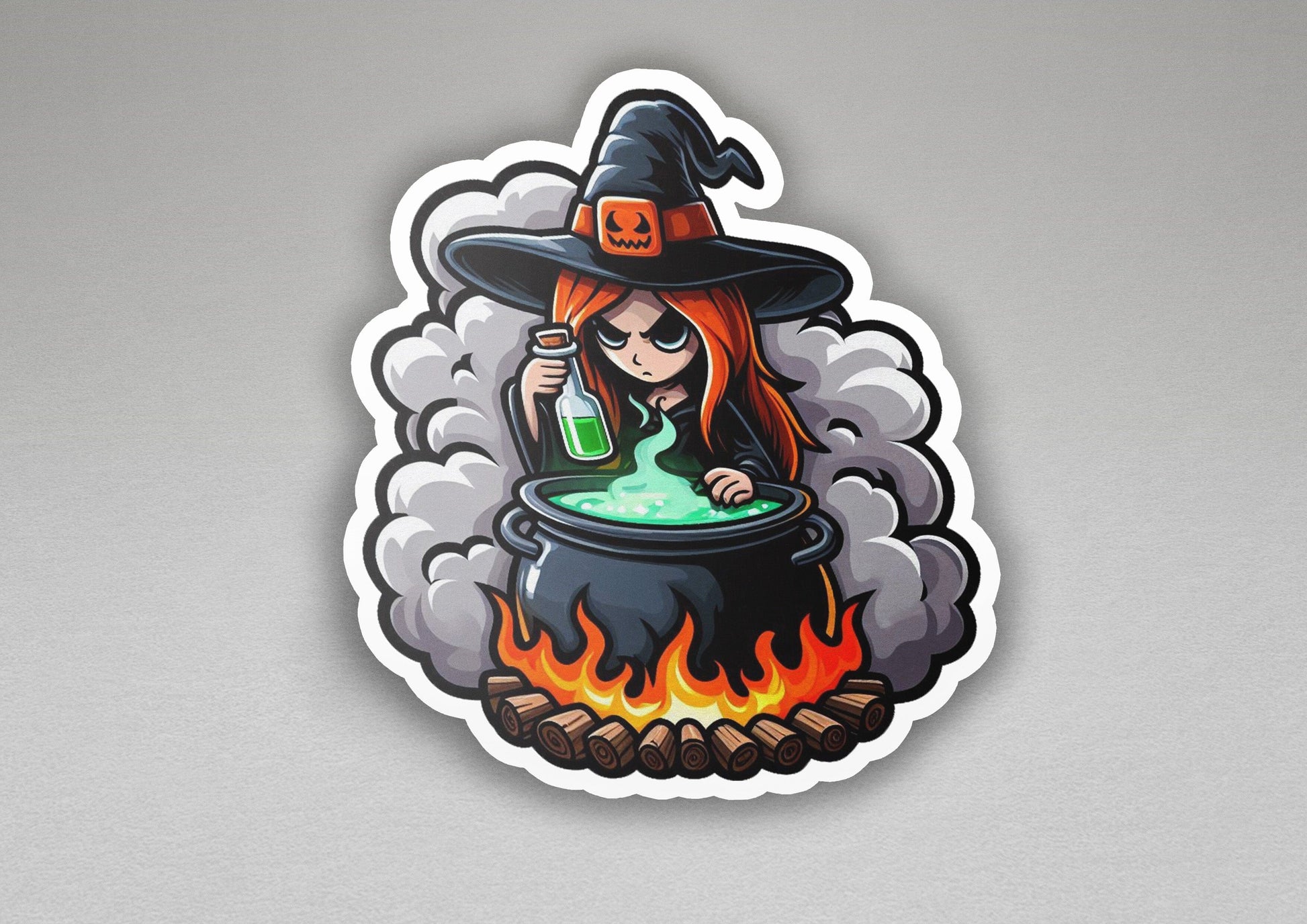 a sticker of a witch stirring a pot of witches