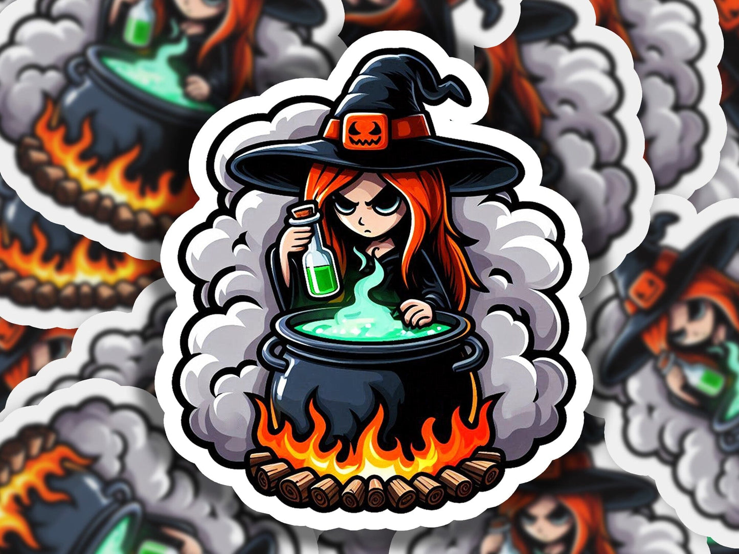 a sticker of a witch stirring a caulder