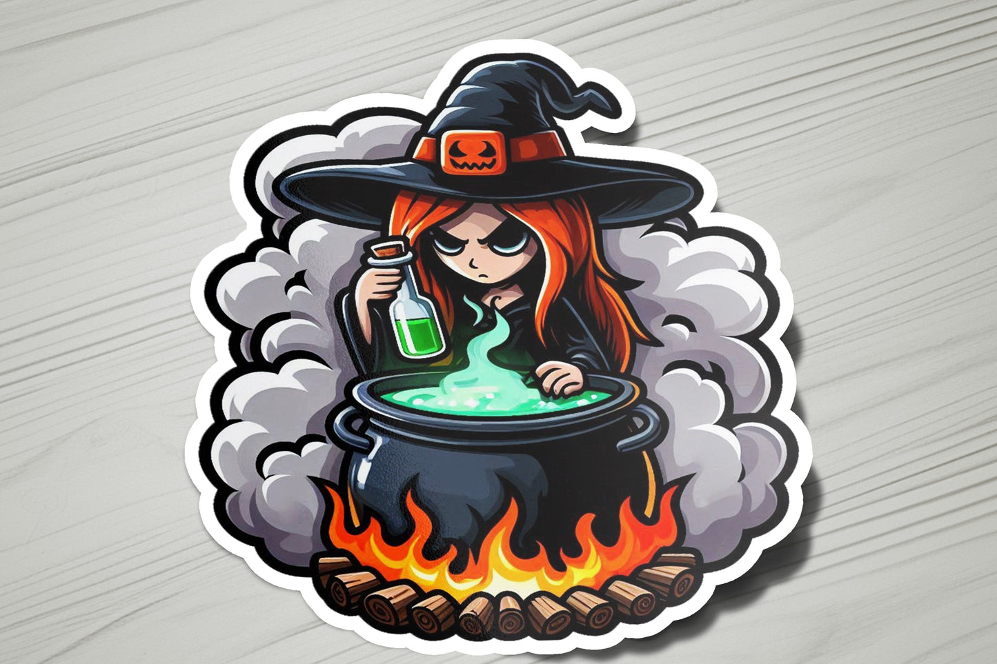 a sticker of a witch stirring a caulder