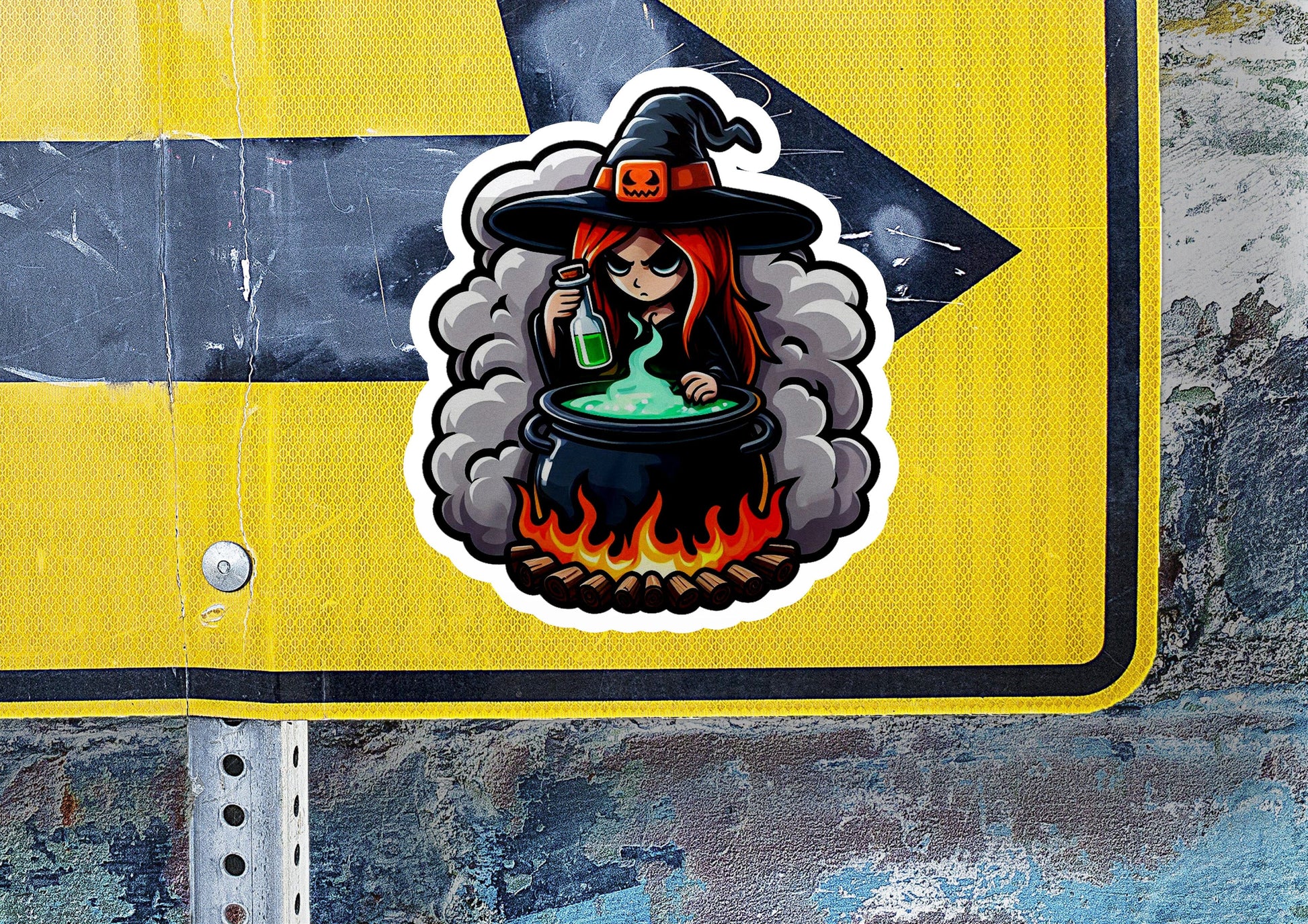 a sticker of a witch with a caulder in a caulder