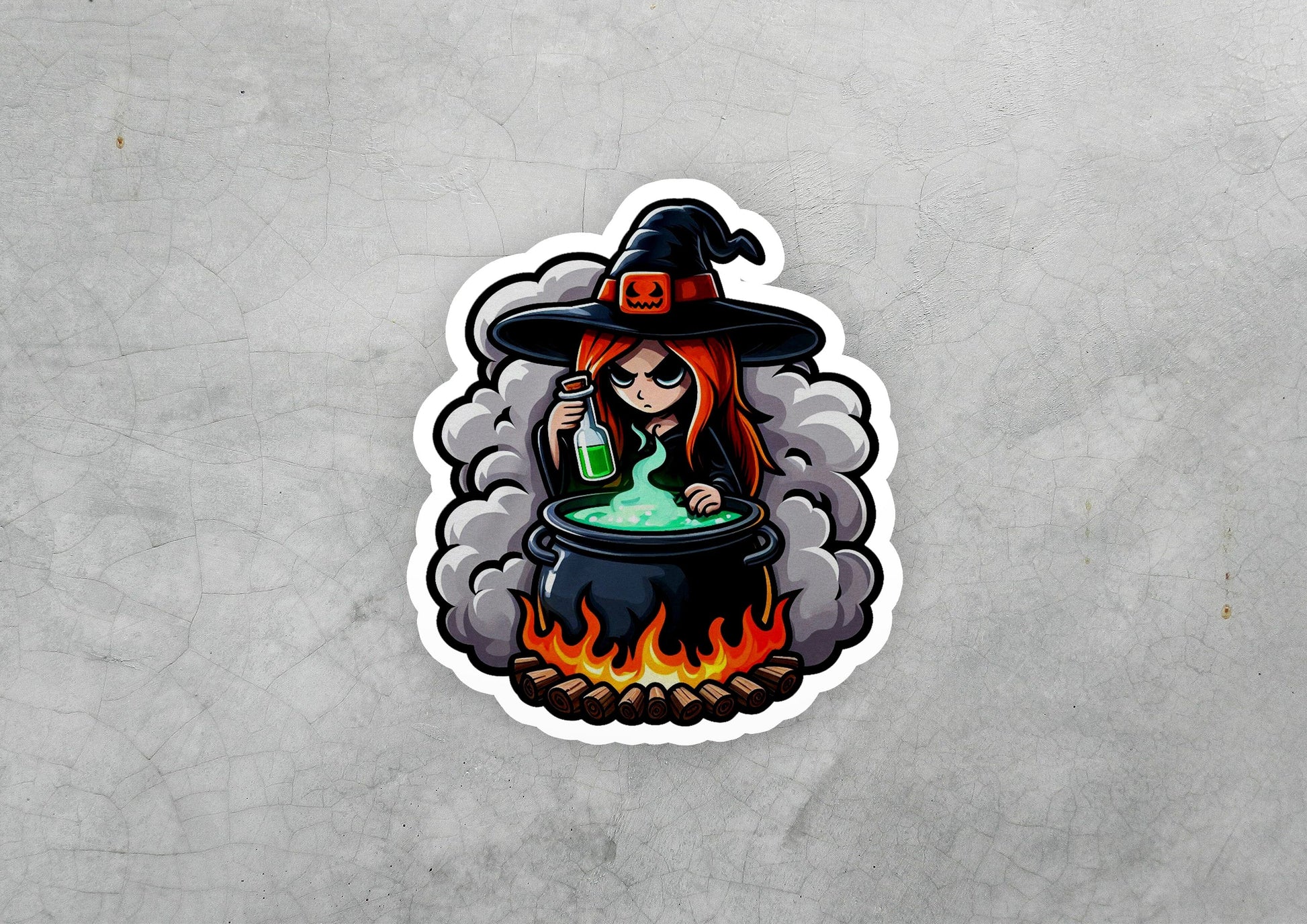 a sticker of a witch stirring a cauldster
