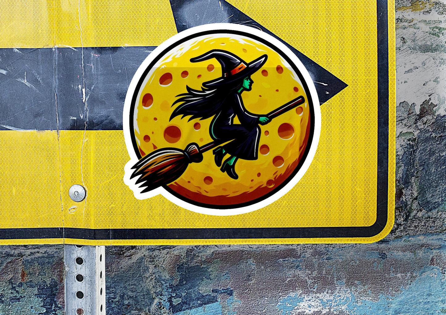 a sticker of a witch flying on a broom