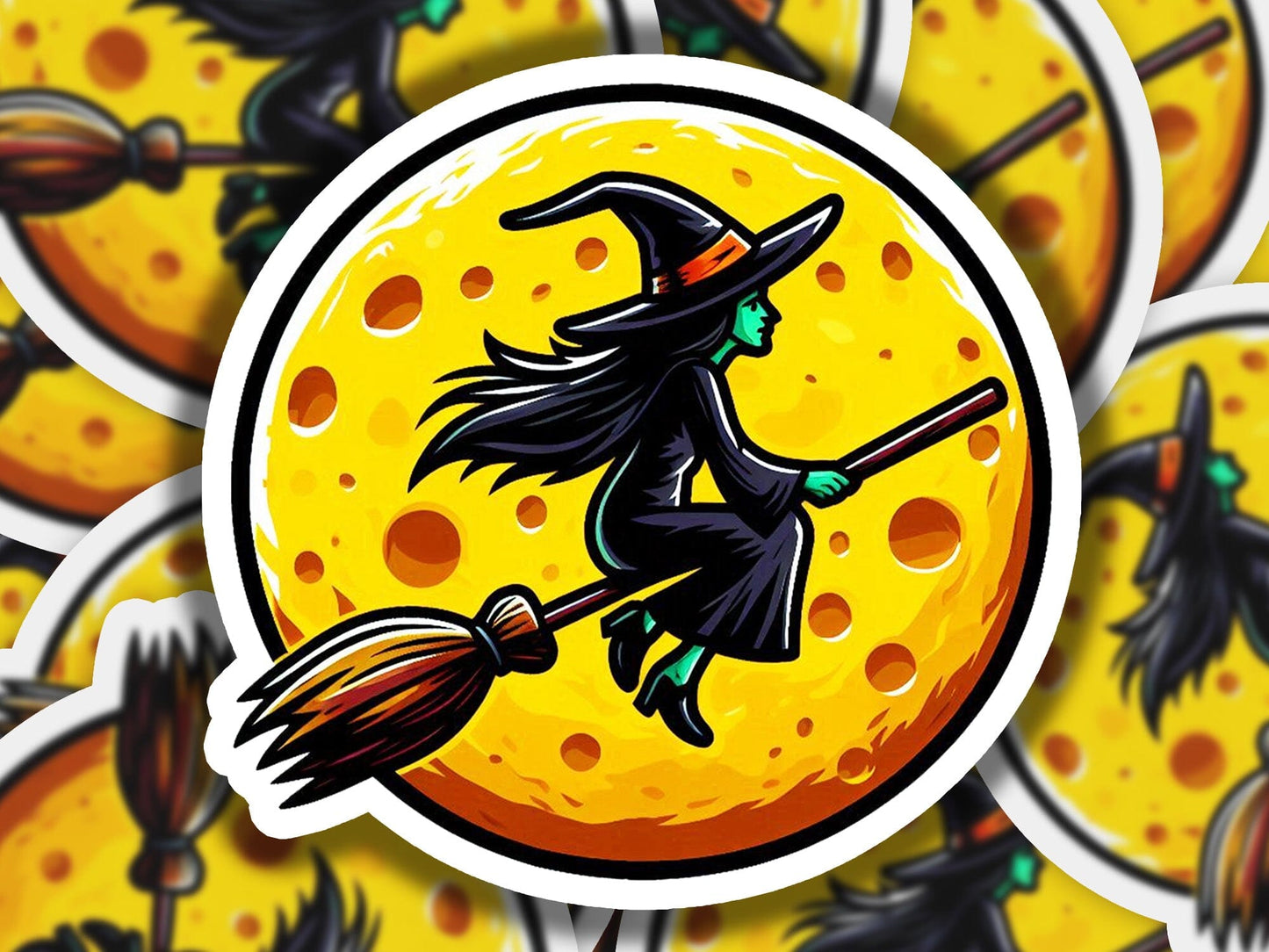 a sticker of a witch flying on a broom