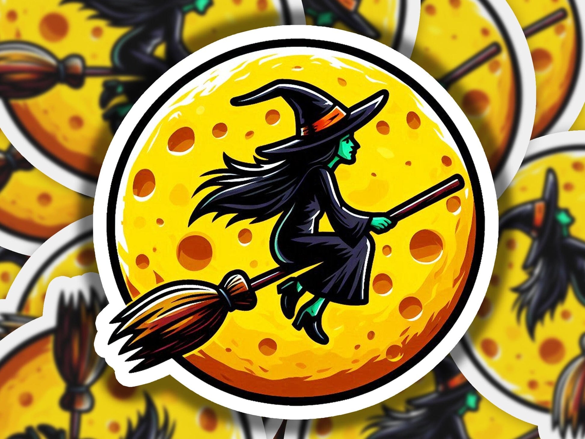 a sticker of a witch flying on a broom