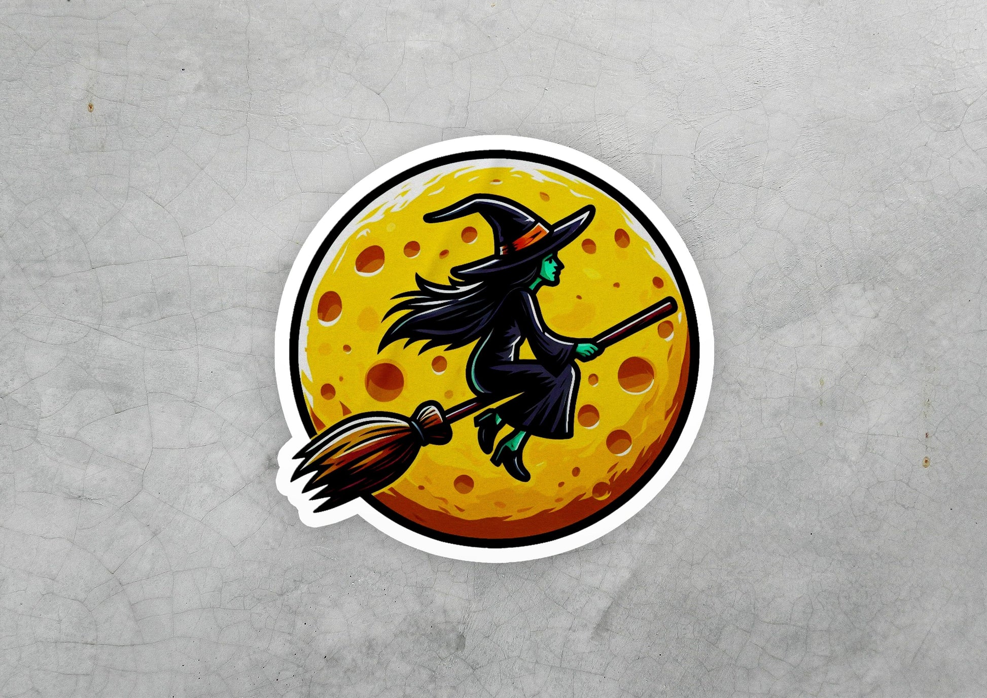 a sticker of a witch flying on a broom