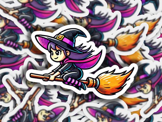 a sticker of a witch flying on a broom