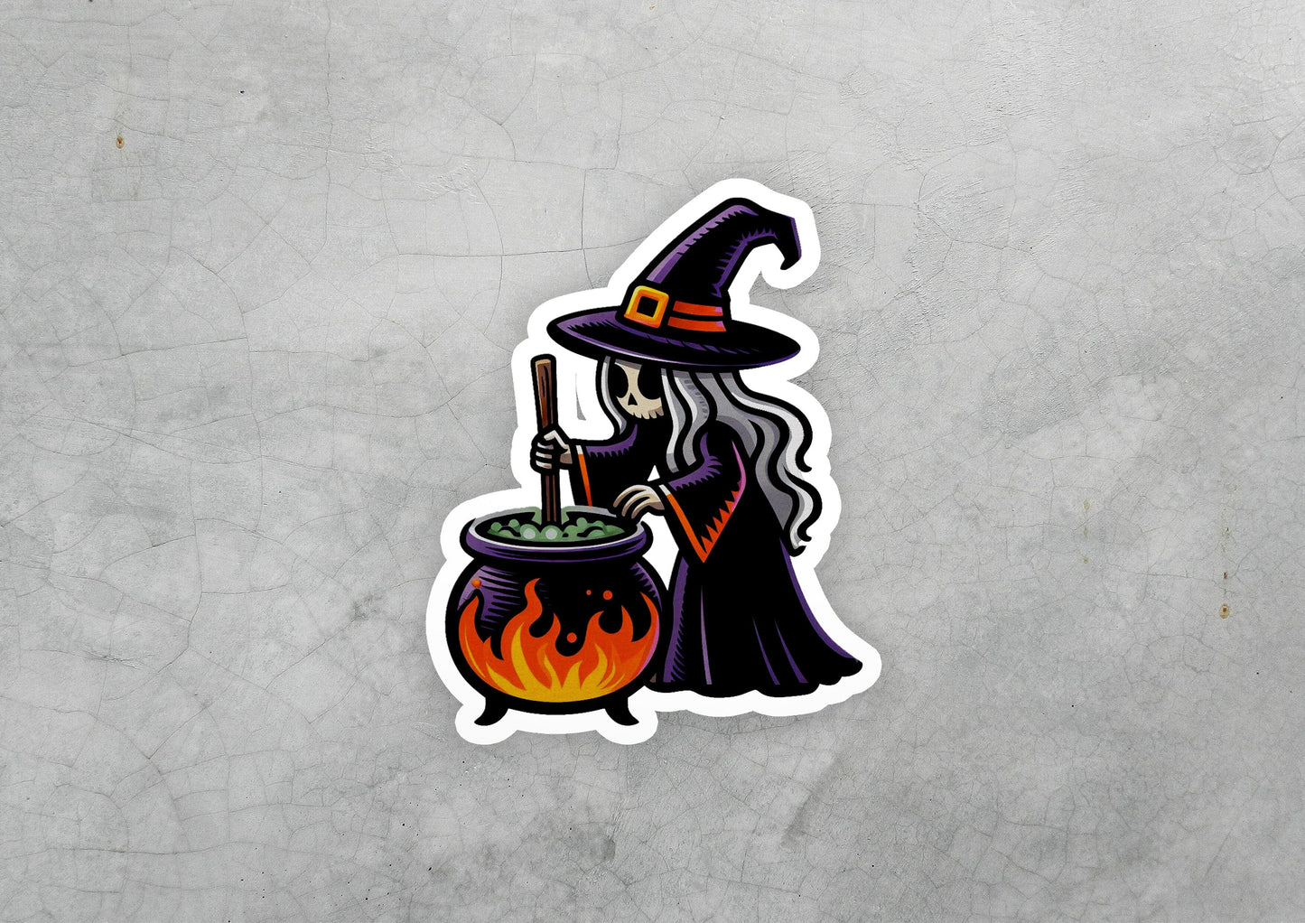 a sticker of a witch stirring a cauldster
