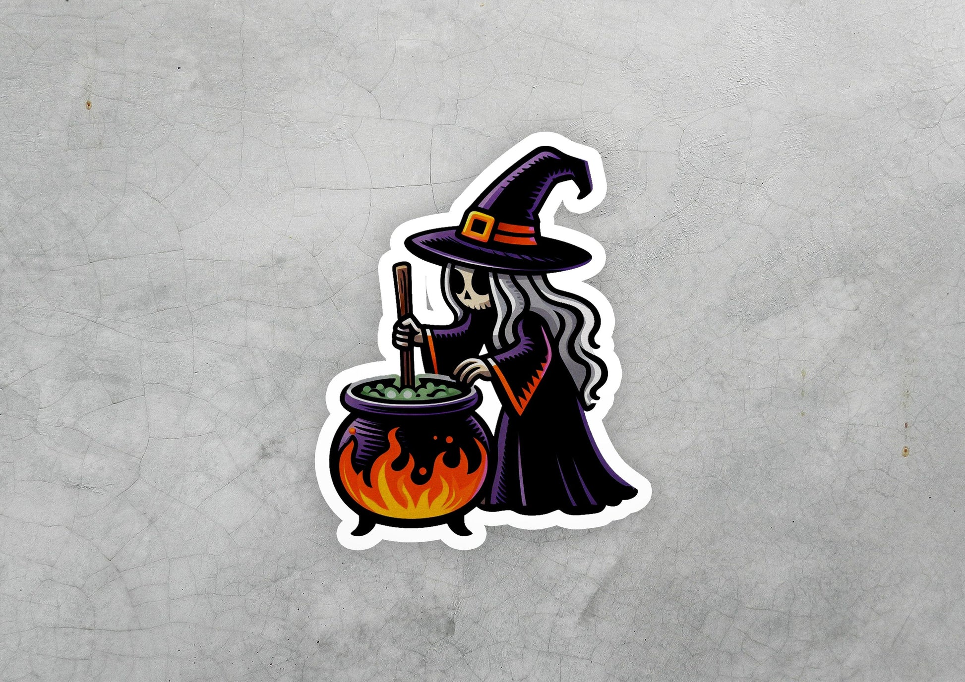 a sticker of a witch stirring a cauldster