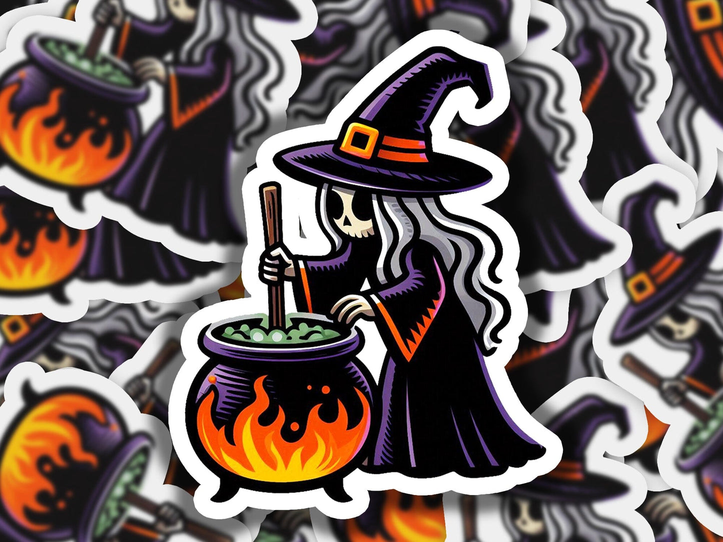 a sticker of a witch stirring a pot of witches