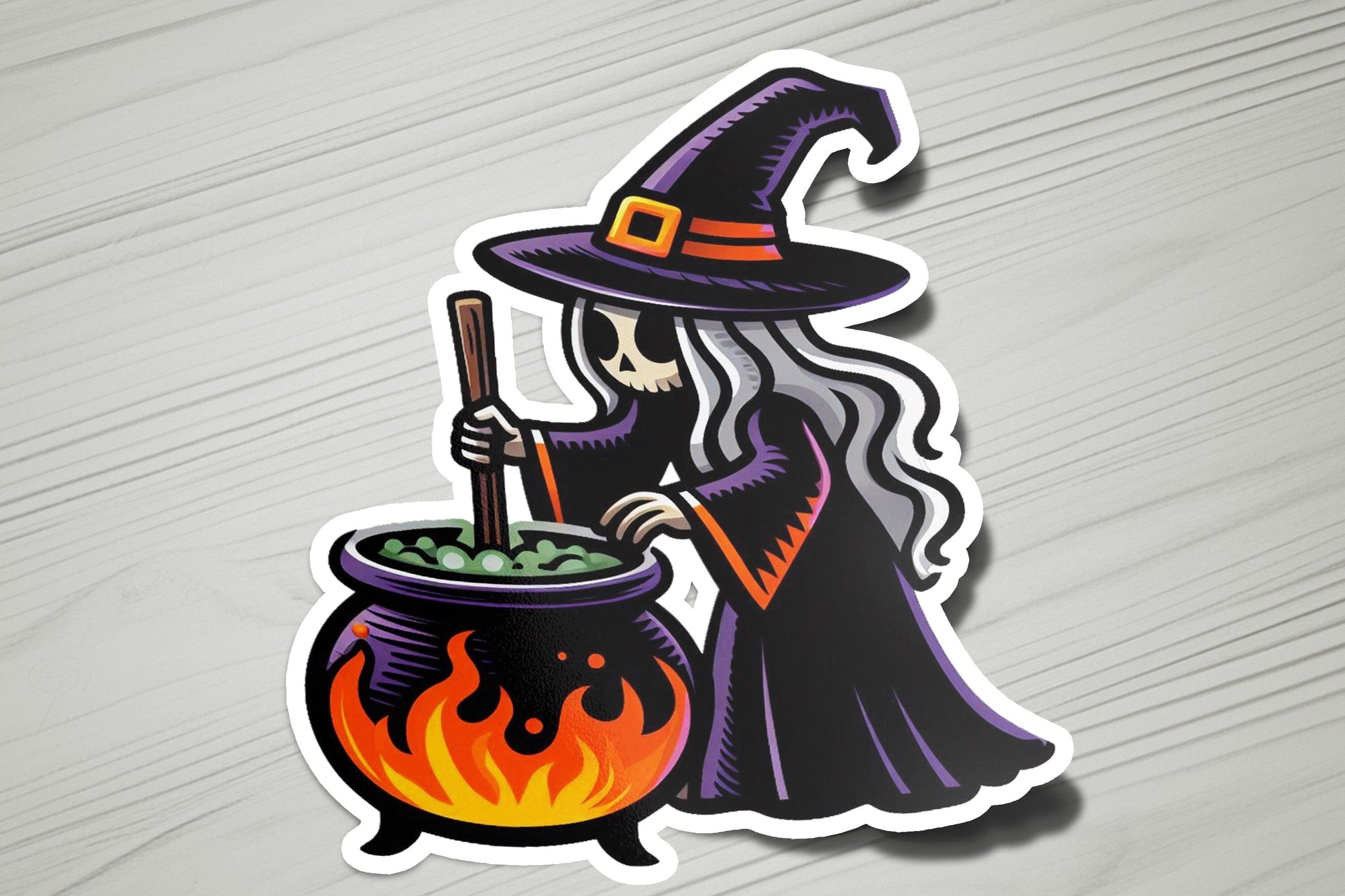 a sticker of a witch stirring a caulder