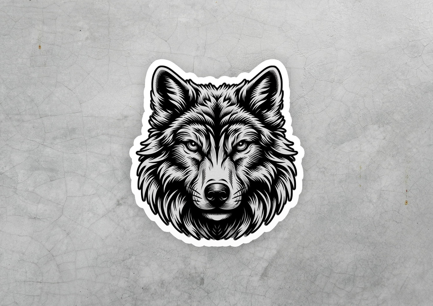 a sticker of a wolf&#39;s head on a gray background