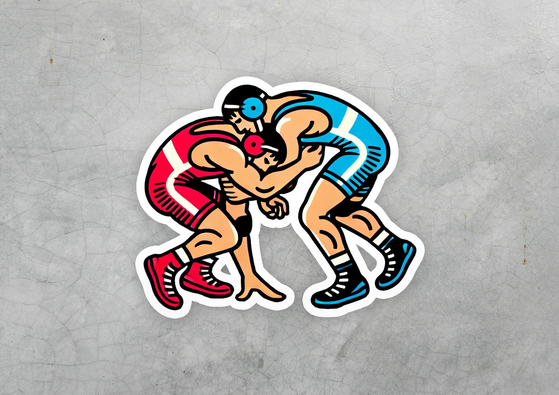 a sticker of two men wrestling each other