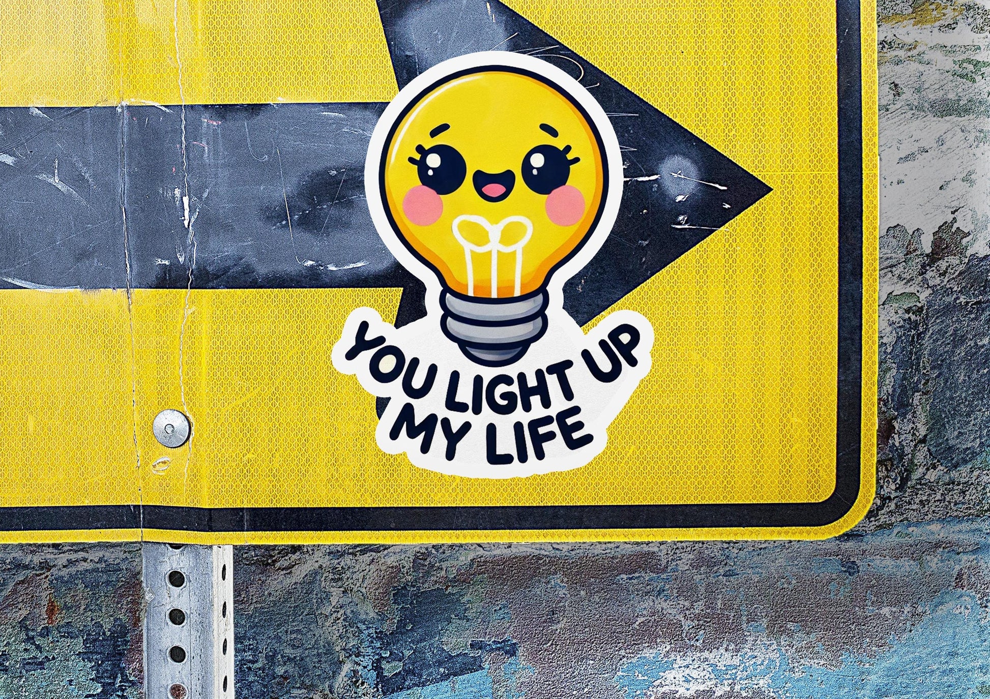 a yellow street sign with a light bulb sticker on it