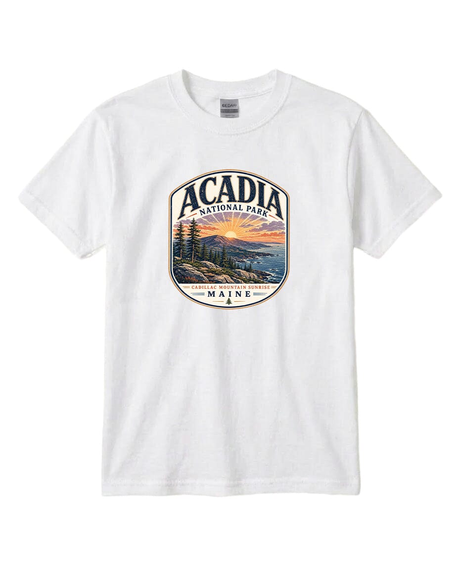 YOUTH Acadia National Park Badge Chest Logo T Shirt | Hoodie | Long Sleeve | Sweatshirt | Crew Neck | Tank Top 1 Fiesta Doodle waterproof vinyl sticker. dishwasher safe outdoor sticker.