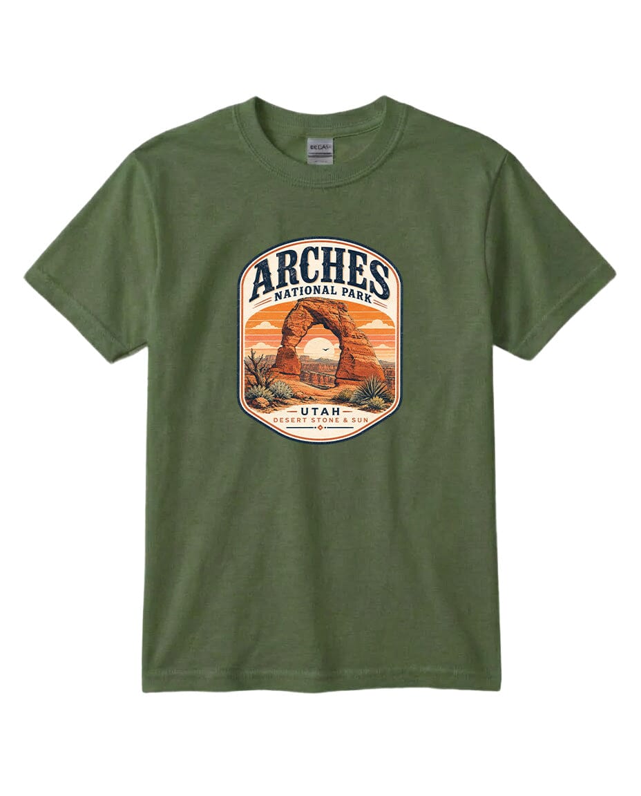 YOUTH Arches National Park Badge Chest Logo T Shirt | Hoodie | Long Sleeve | Sweatshirt | Crew Neck | Tank Top 1 Fiesta Doodle waterproof vinyl sticker. dishwasher safe outdoor sticker.