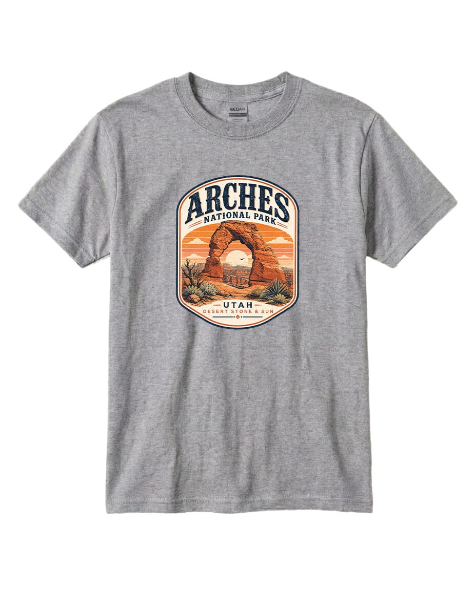 YOUTH Arches National Park Badge Chest Logo T Shirt | Hoodie | Long Sleeve | Sweatshirt | Crew Neck | Tank Top 1 Fiesta Doodle waterproof vinyl sticker. dishwasher safe outdoor sticker.