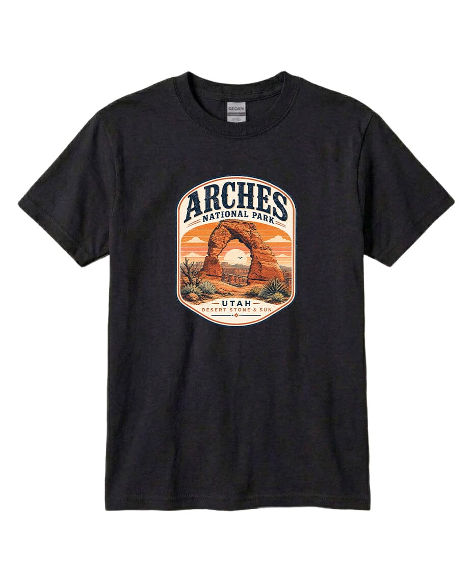 YOUTH Arches National Park Badge Chest Logo T Shirt | Hoodie | Long Sleeve | Sweatshirt | Crew Neck | Tank Top 1 Fiesta Doodle waterproof vinyl sticker. dishwasher safe outdoor sticker.