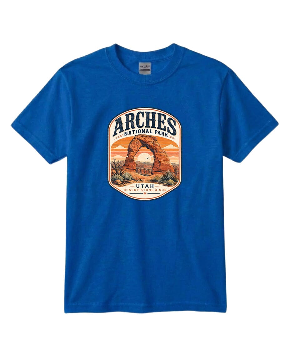 YOUTH Arches National Park Badge Chest Logo T Shirt | Hoodie | Long Sleeve | Sweatshirt | Crew Neck | Tank Top 1 Fiesta Doodle waterproof vinyl sticker. dishwasher safe outdoor sticker.