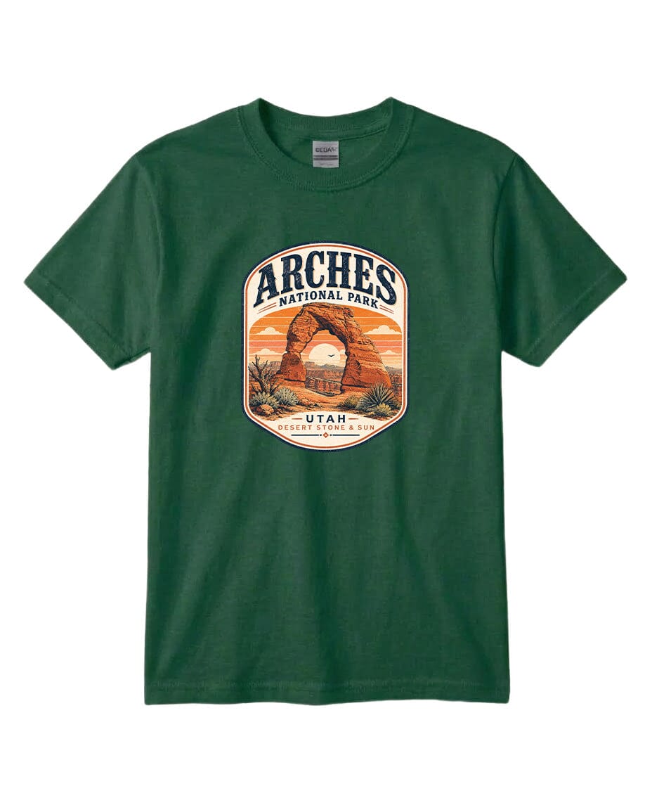 YOUTH Arches National Park Badge Chest Logo T Shirt | Hoodie | Long Sleeve | Sweatshirt | Crew Neck | Tank Top 1 Fiesta Doodle waterproof vinyl sticker. dishwasher safe outdoor sticker.