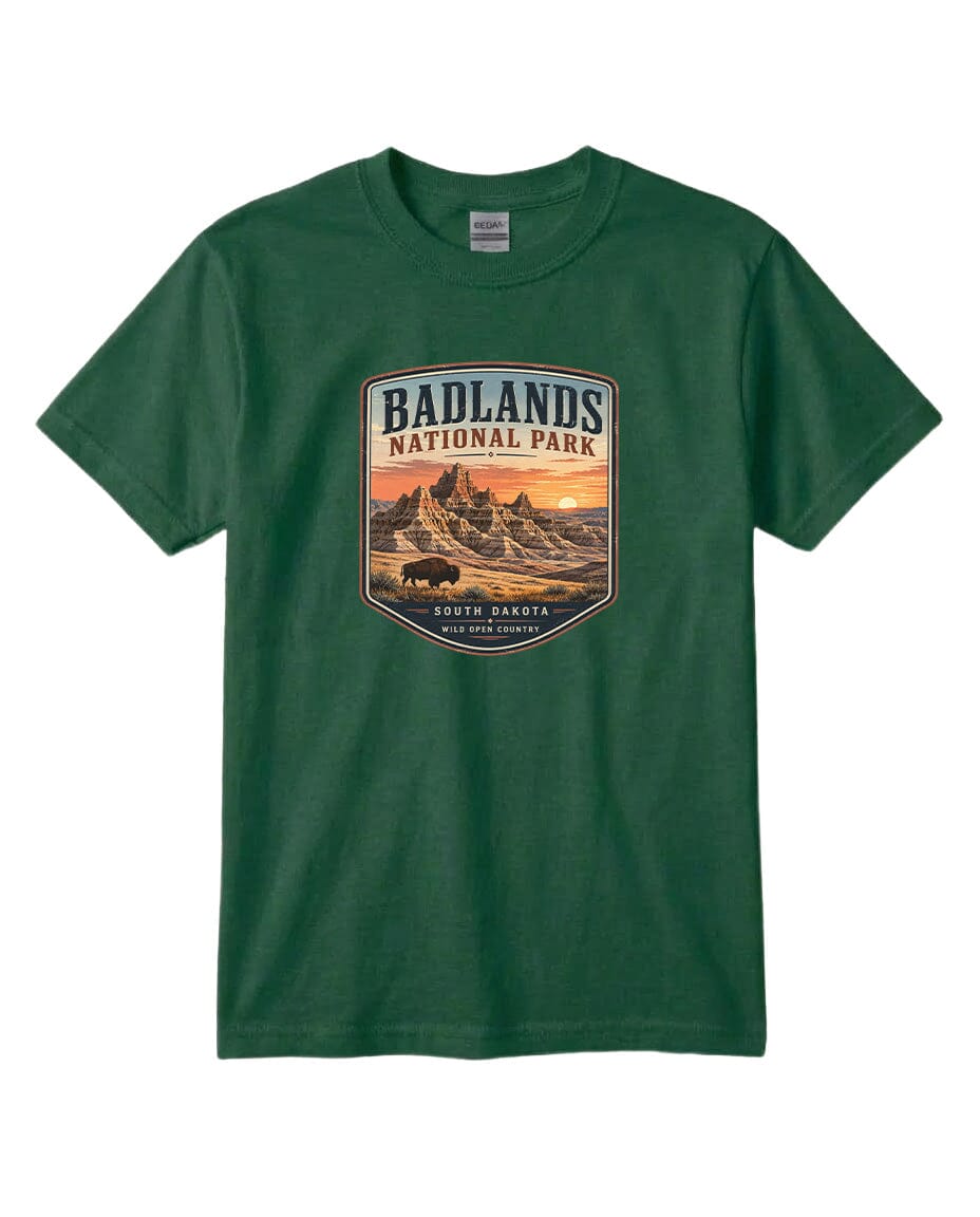 YOUTH Badlands National Park Badge Chest Logo T Shirt | Hoodie | Long Sleeve | Sweatshirt | Crew Neck | Tank Top 1 Fiesta Doodle waterproof vinyl sticker. dishwasher safe outdoor sticker.