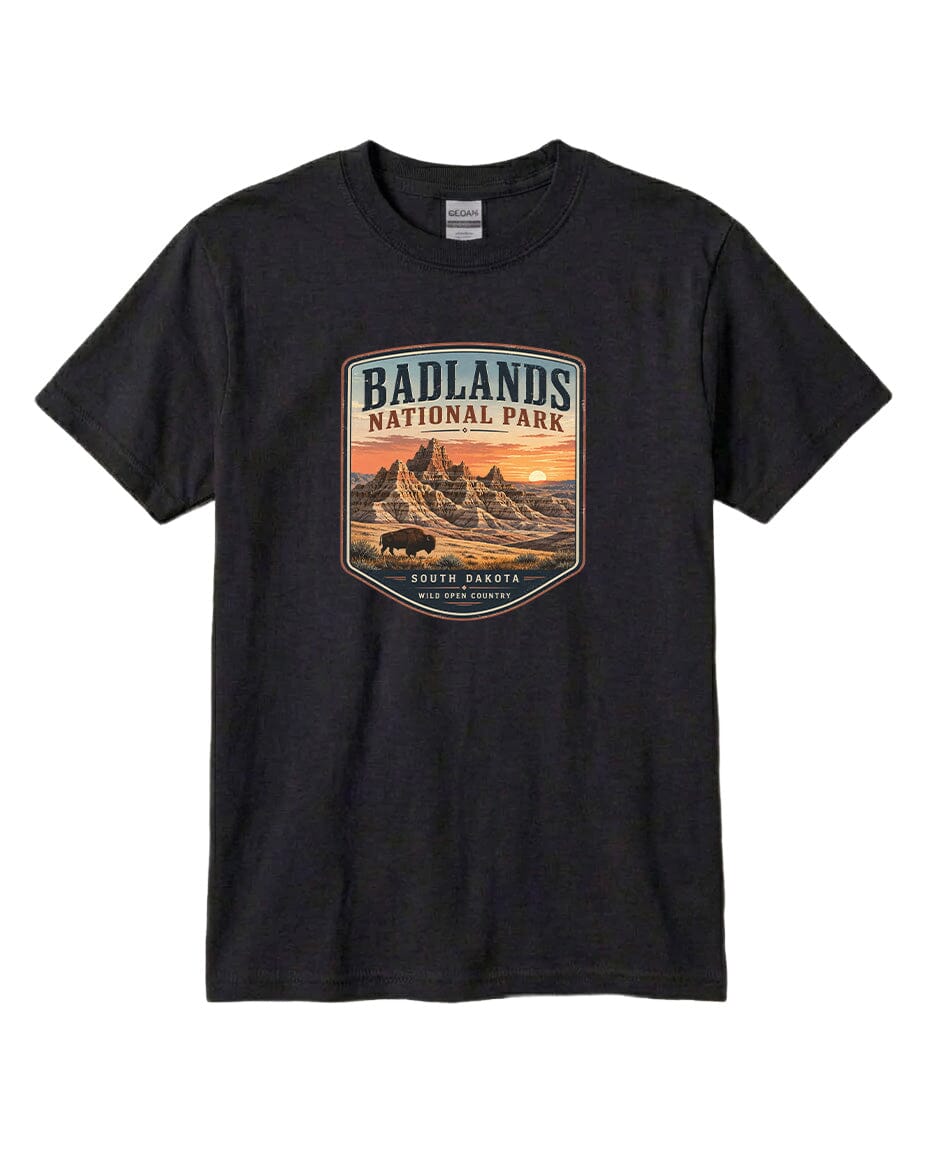 YOUTH Badlands National Park Badge Chest Logo T Shirt | Hoodie | Long Sleeve | Sweatshirt | Crew Neck | Tank Top 1 Fiesta Doodle waterproof vinyl sticker. dishwasher safe outdoor sticker.