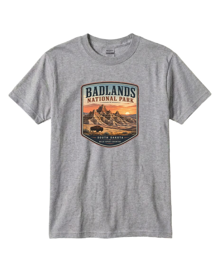 YOUTH Badlands National Park Badge Chest Logo T Shirt | Hoodie | Long Sleeve | Sweatshirt | Crew Neck | Tank Top 1 Fiesta Doodle waterproof vinyl sticker. dishwasher safe outdoor sticker.