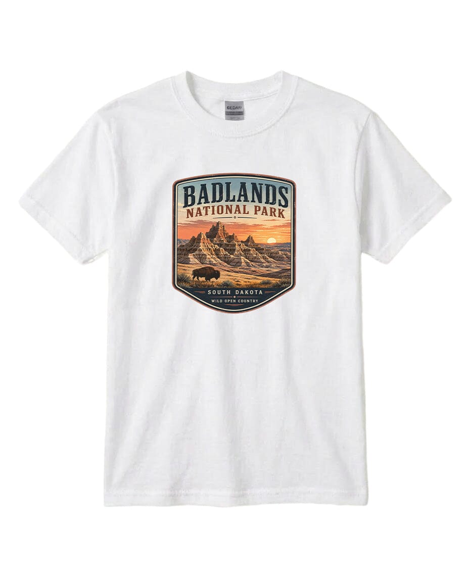 YOUTH Badlands National Park Badge Chest Logo T Shirt | Hoodie | Long Sleeve | Sweatshirt | Crew Neck | Tank Top 1 Fiesta Doodle waterproof vinyl sticker. dishwasher safe outdoor sticker.