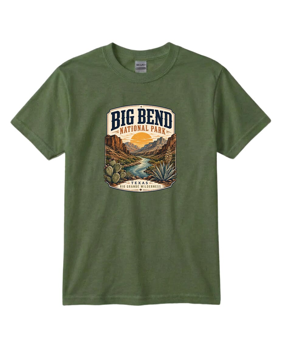 YOUTH Big Bend National Park Badge Chest Logo T Shirt | Hoodie | Long Sleeve | Sweatshirt | Crew Neck | Tank Top 1 Fiesta Doodle waterproof vinyl sticker. dishwasher safe outdoor sticker.