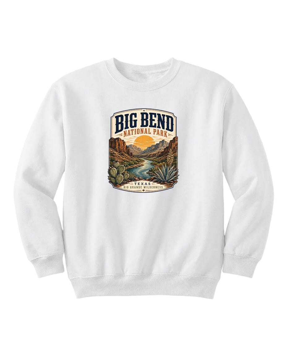 YOUTH Big Bend National Park Badge Chest Logo T Shirt | Hoodie | Long Sleeve | Sweatshirt | Crew Neck | Tank Top 1 Fiesta Doodle waterproof vinyl sticker. dishwasher safe outdoor sticker.