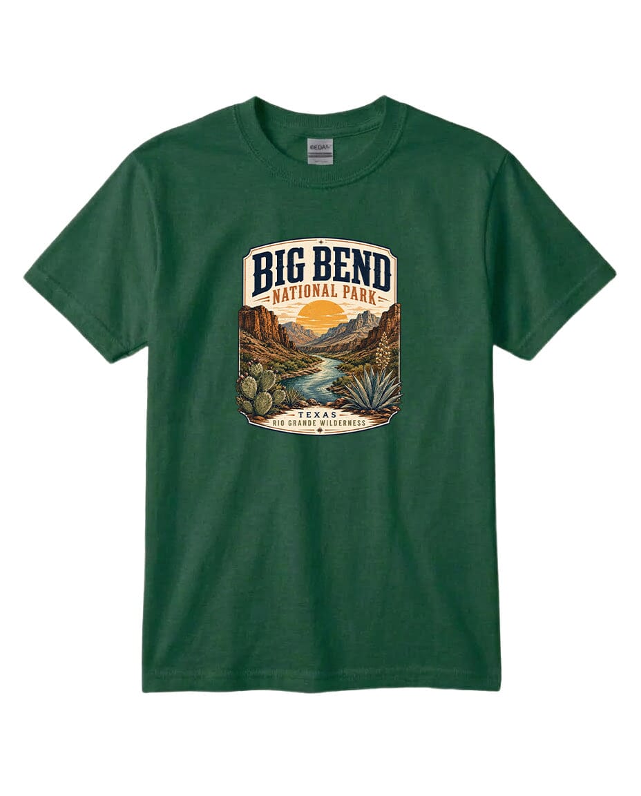 YOUTH Big Bend National Park Badge Chest Logo T Shirt | Hoodie | Long Sleeve | Sweatshirt | Crew Neck | Tank Top 1 Fiesta Doodle waterproof vinyl sticker. dishwasher safe outdoor sticker.