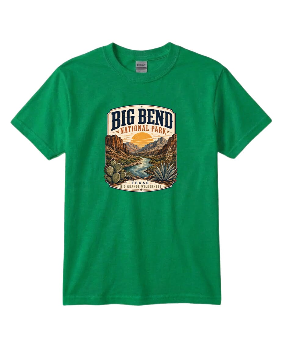 YOUTH Big Bend National Park Badge Chest Logo T Shirt | Hoodie | Long Sleeve | Sweatshirt | Crew Neck | Tank Top 1 Fiesta Doodle waterproof vinyl sticker. dishwasher safe outdoor sticker.
