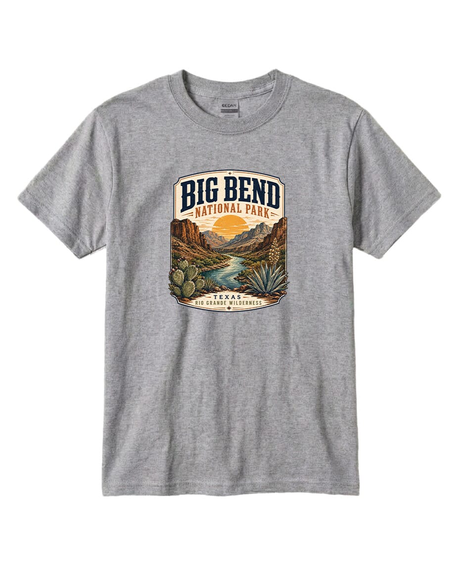 YOUTH Big Bend National Park Badge Chest Logo T Shirt | Hoodie | Long Sleeve | Sweatshirt | Crew Neck | Tank Top 1 Fiesta Doodle waterproof vinyl sticker. dishwasher safe outdoor sticker.