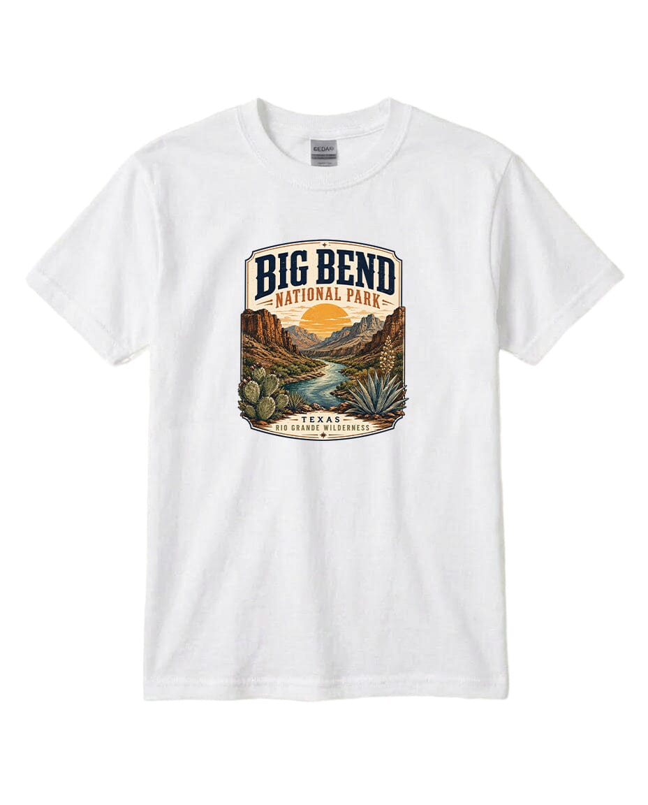 YOUTH Big Bend National Park Badge Chest Logo T Shirt | Hoodie | Long Sleeve | Sweatshirt | Crew Neck | Tank Top 1 Fiesta Doodle waterproof vinyl sticker. dishwasher safe outdoor sticker.
