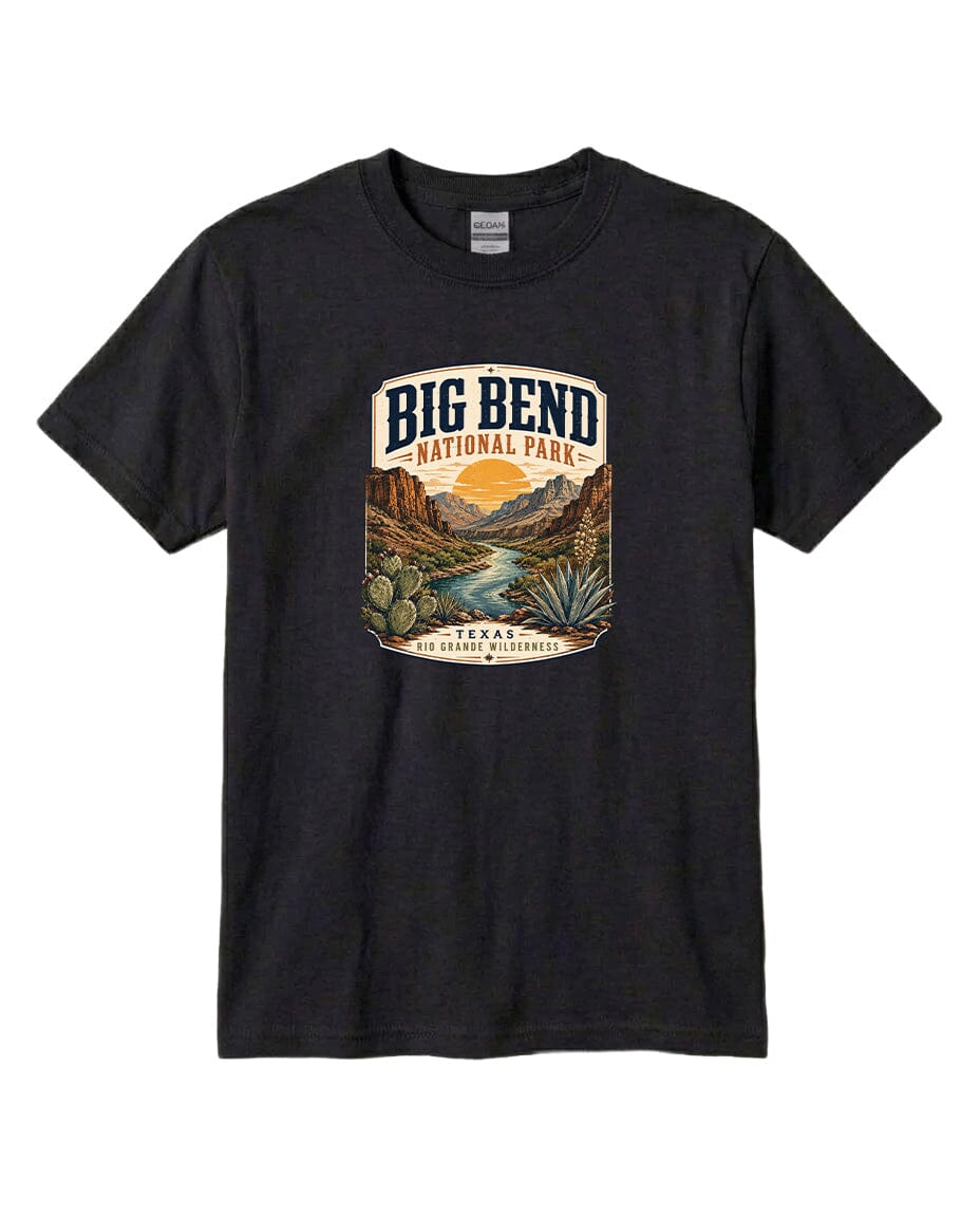 YOUTH Big Bend National Park Badge Chest Logo T Shirt | Hoodie | Long Sleeve | Sweatshirt | Crew Neck | Tank Top 1 Fiesta Doodle waterproof vinyl sticker. dishwasher safe outdoor sticker.
