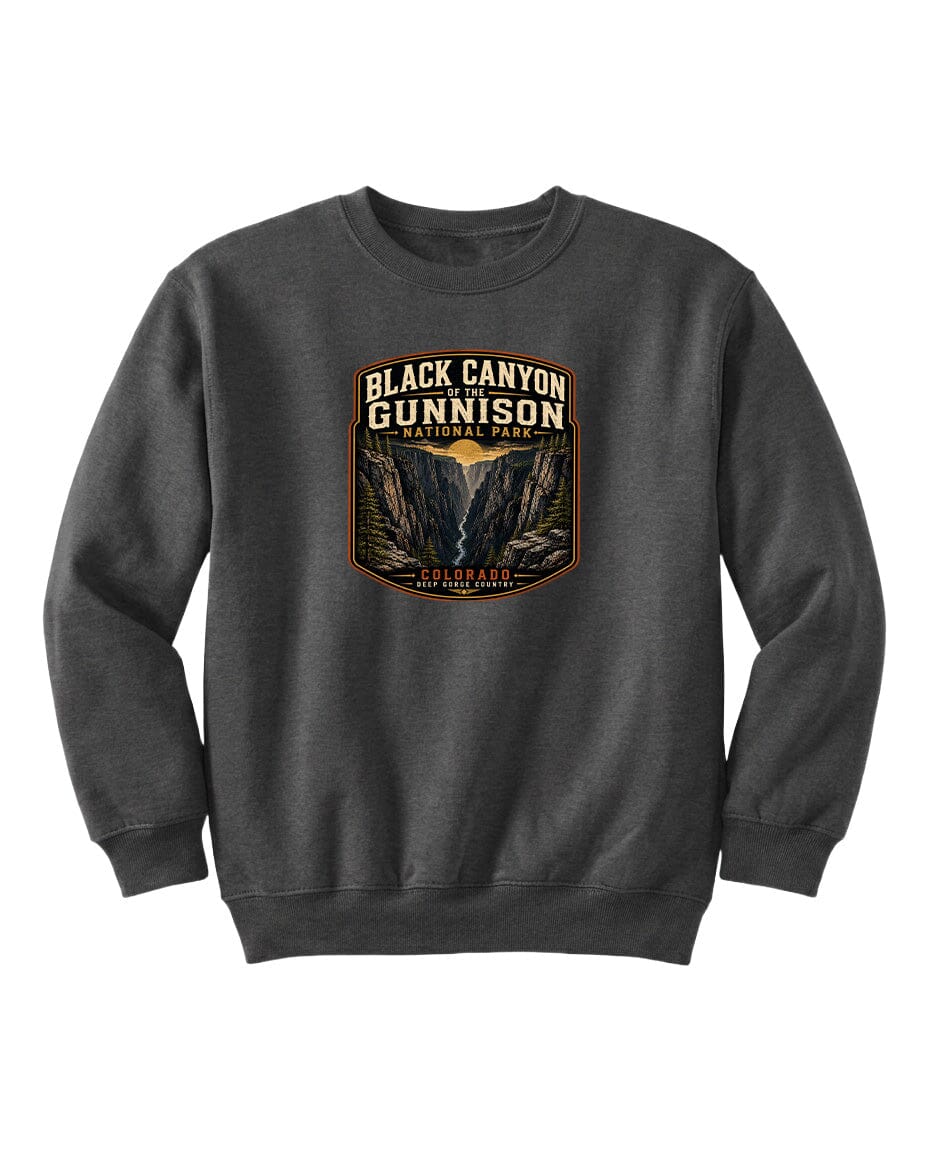 A gray sweatshirt with a graphic design depicting the Black Canyon of the Gunnison National Park.