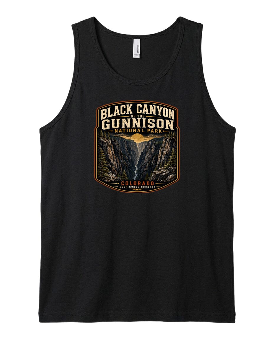 A black tank top with a graphic design depicting the Black Canyon of the Gunnison National Park in Colorado.
